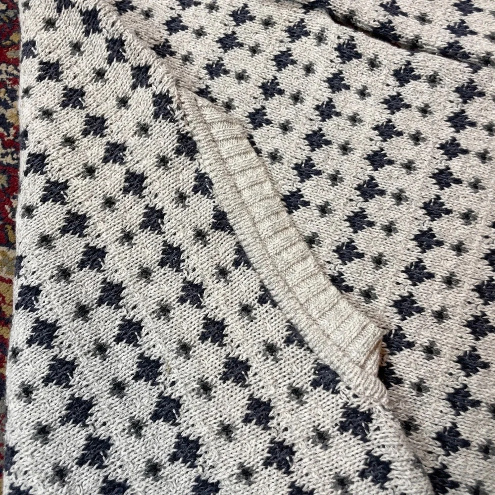 VTG 80s 90s Towncraft Birdseye Pattern Knit Cotton Sweater Cream Navy Blue USA L
